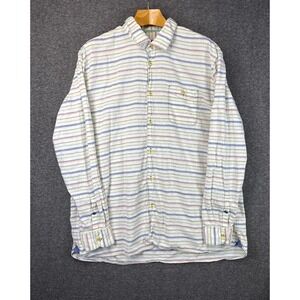 32 Bar Blues Men XXL Cotton Linen Striped Button Down Shirt Sailing Cruise Beach